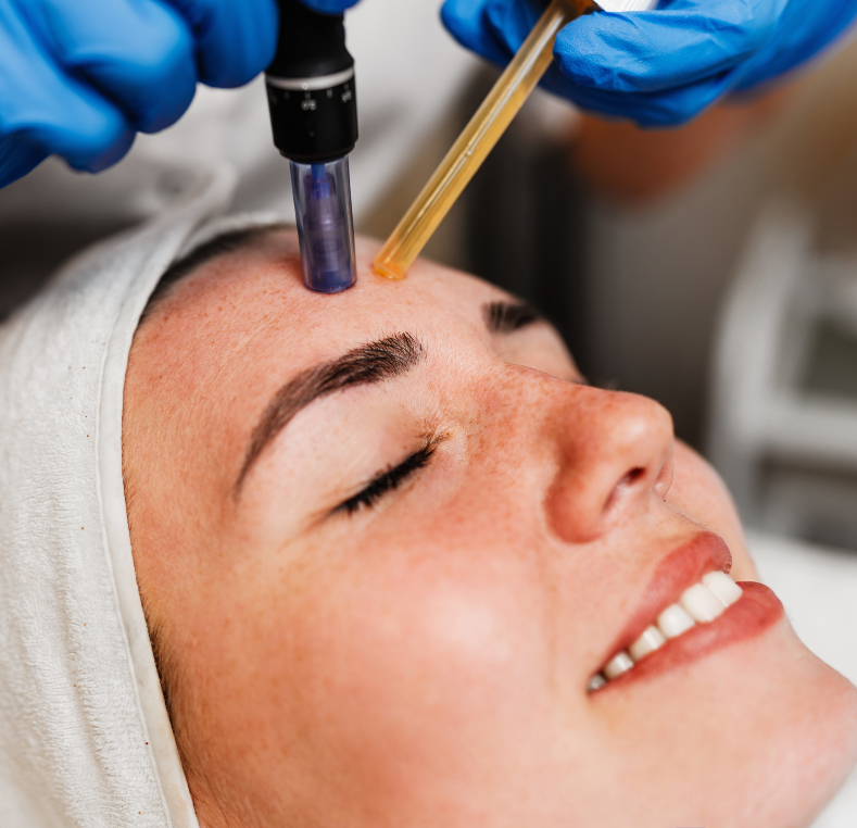 Clinician in blue gloves performing a laser skin treatment on a patient's forehead
